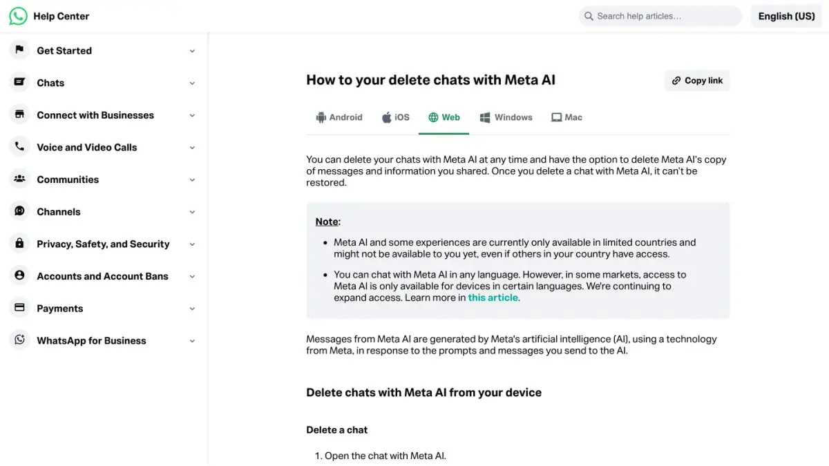 WhatsApp Help Center page on how to delete your chats with Meta AI