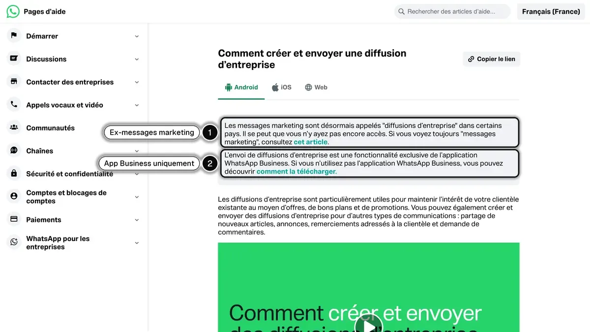 Page d'aide WhatsApp sur les diffusions d'entreprise : nouveau nom des messages marketing, fonction réservée à l'application WhatsApp Business