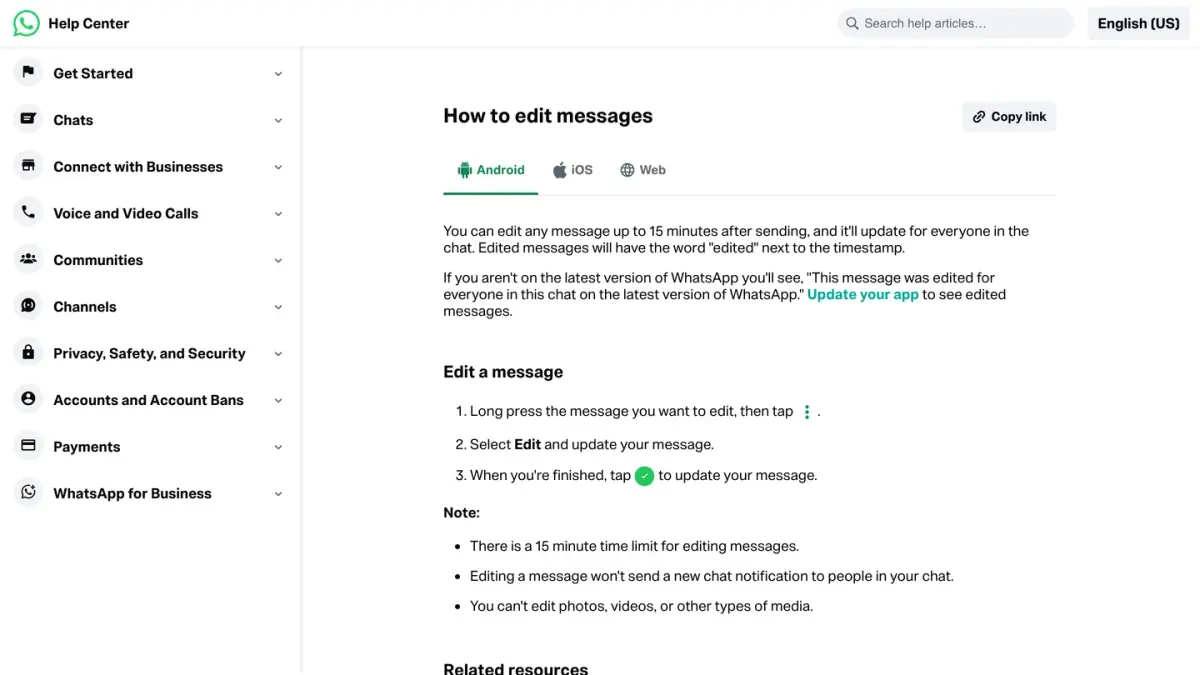 WhatsApp Help Center page How to edit messages, with the steps on Android