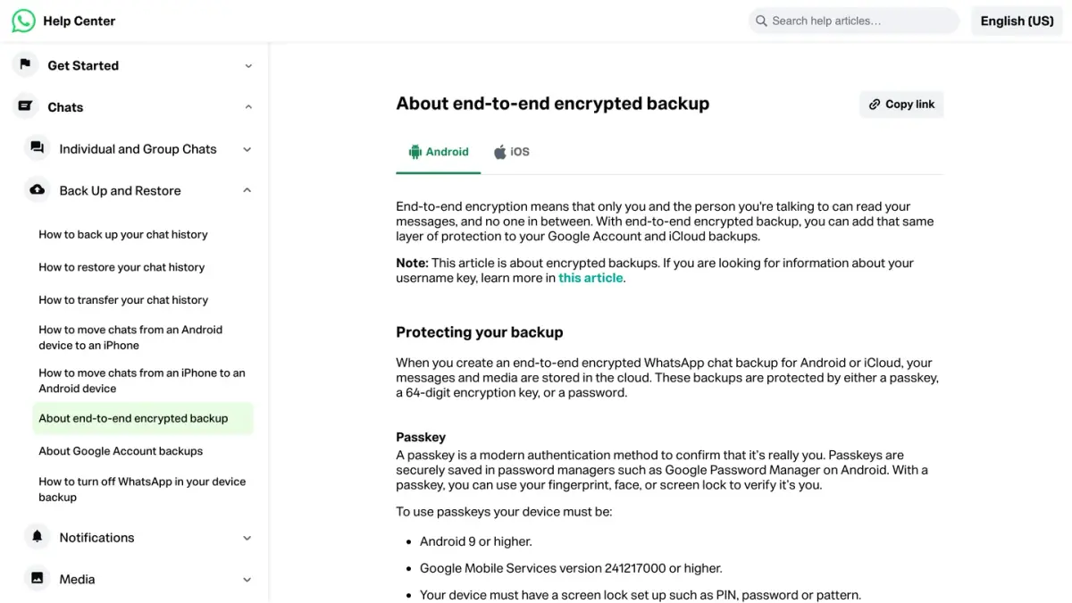 WhatsApp Help Center page About end-to-end encrypted backup