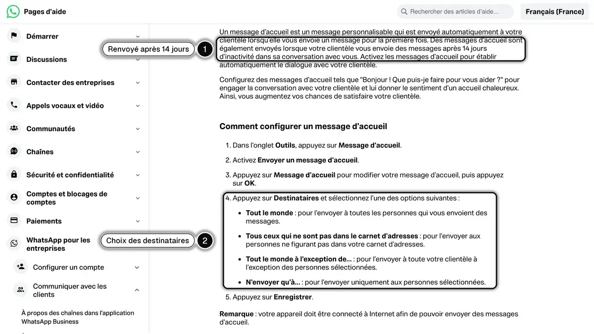 Page d'aide de WhatsApp sur les messages d'accueil, avec la règle des 14 jours et le choix des destinataires mis en évidence