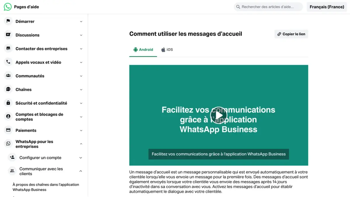 La page d'aide de WhatsApp sur l'utilisation des messages d'accueil dans WhatsApp Business