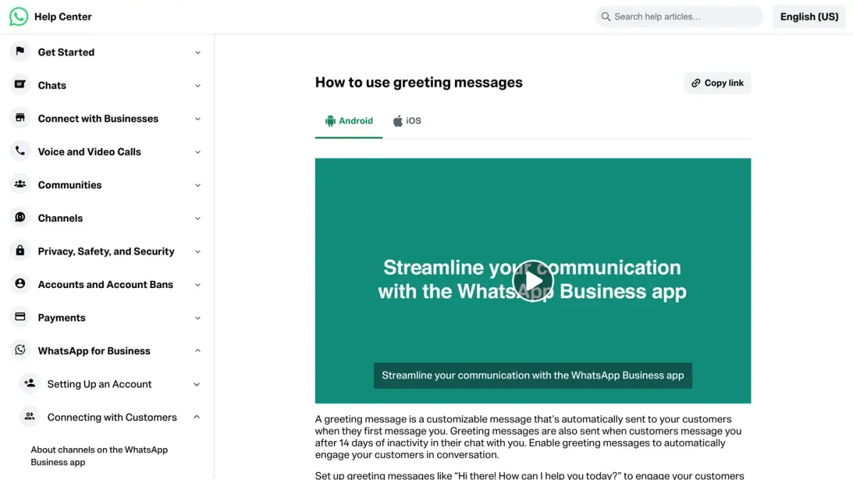 WhatsApp Help Center article on how to use greeting messages in the WhatsApp Business app