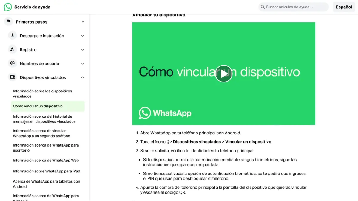 Página de ayuda de WhatsApp «Cómo vincular un dispositivo», con los pasos en Android