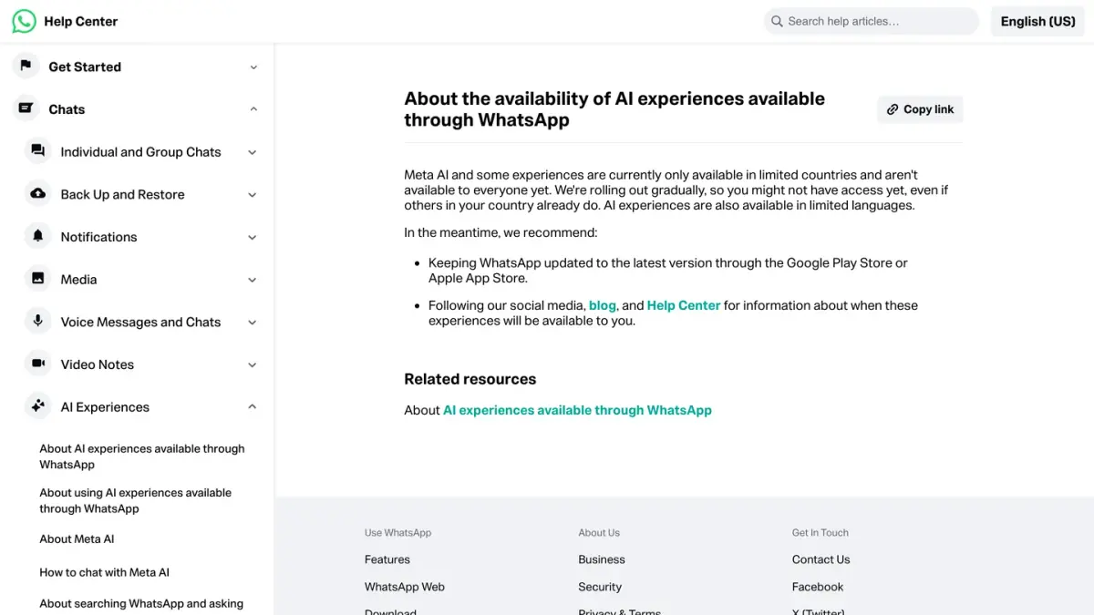 WhatsApp Help Center page About the availability of AI experiences available through WhatsApp
