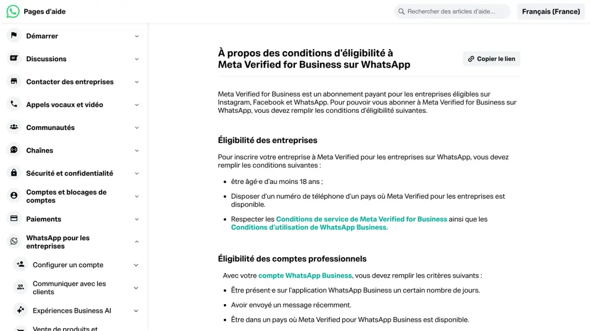La page d'aide de WhatsApp sur les conditions d'éligibilité à Meta Verified for Business