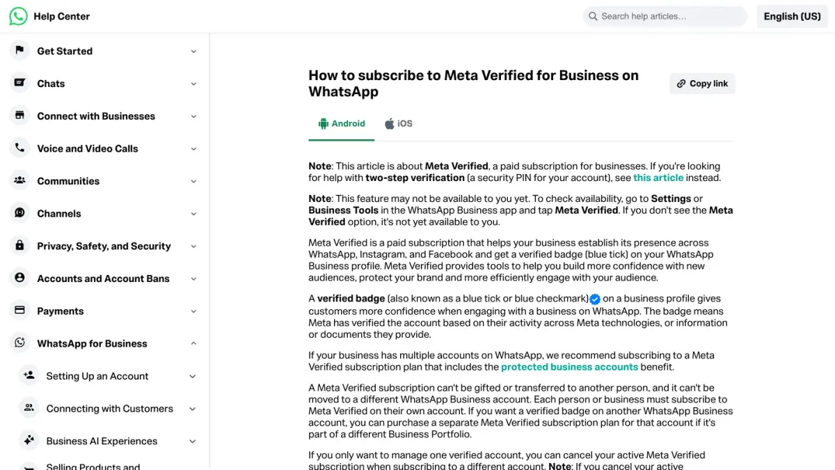 WhatsApp Help Center article on how to subscribe to Meta Verified for Business on WhatsApp