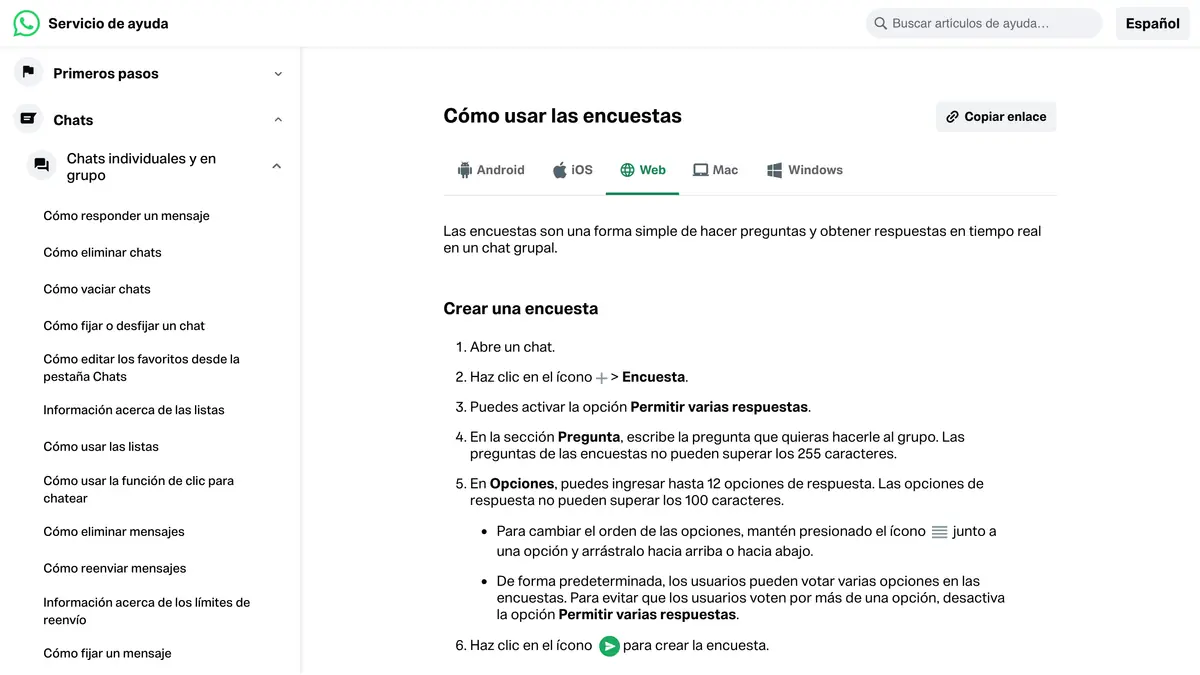 Página del servicio de ayuda de WhatsApp sobre cómo usar las encuestas, con los pasos para crear una