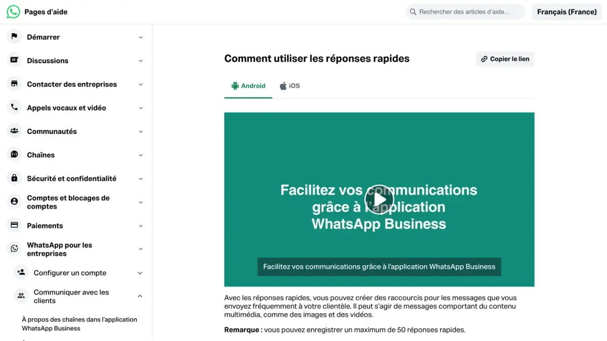 La page d'aide de WhatsApp sur l'utilisation des réponses rapides dans WhatsApp Business