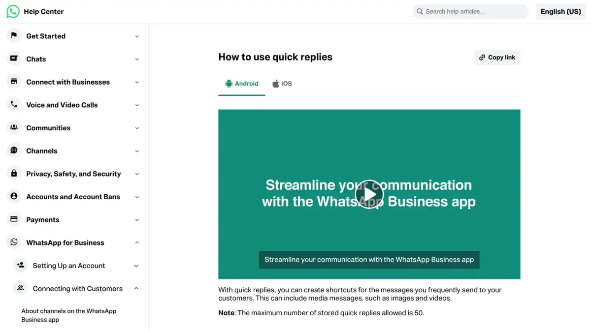 WhatsApp Help Center article on how to use quick replies in the WhatsApp Business app