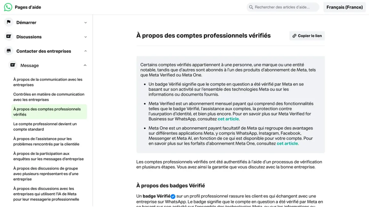 La page d'aide de WhatsApp À propos des comptes professionnels vérifiés et du badge Vérifié