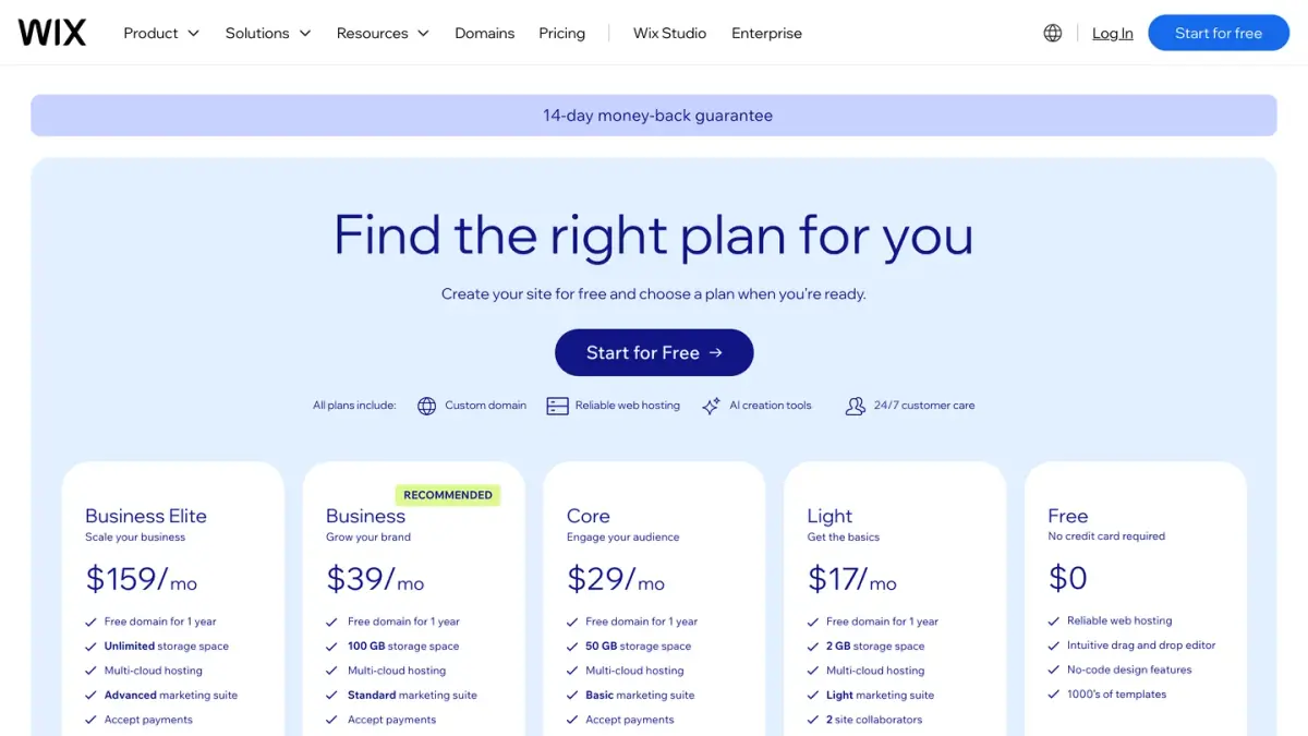 Wix plans page with the Business Elite, Business, Core, Light and Free plans priced in US dollars