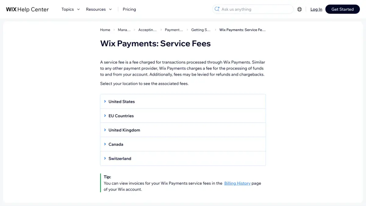 Wix Help Center article on Wix Payments service fees, listed by country for the seller's location