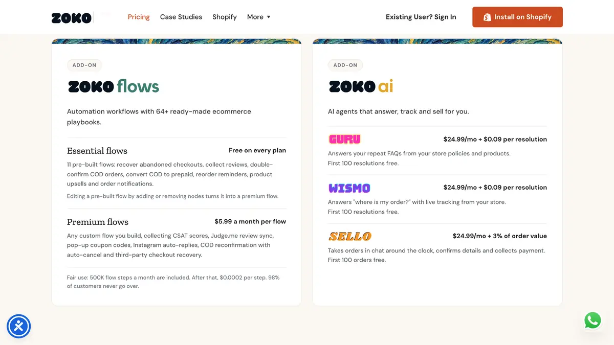 Zoko's pricing page: the Zoko Flows and Zoko AI add-ons with their monthly prices and usage fees