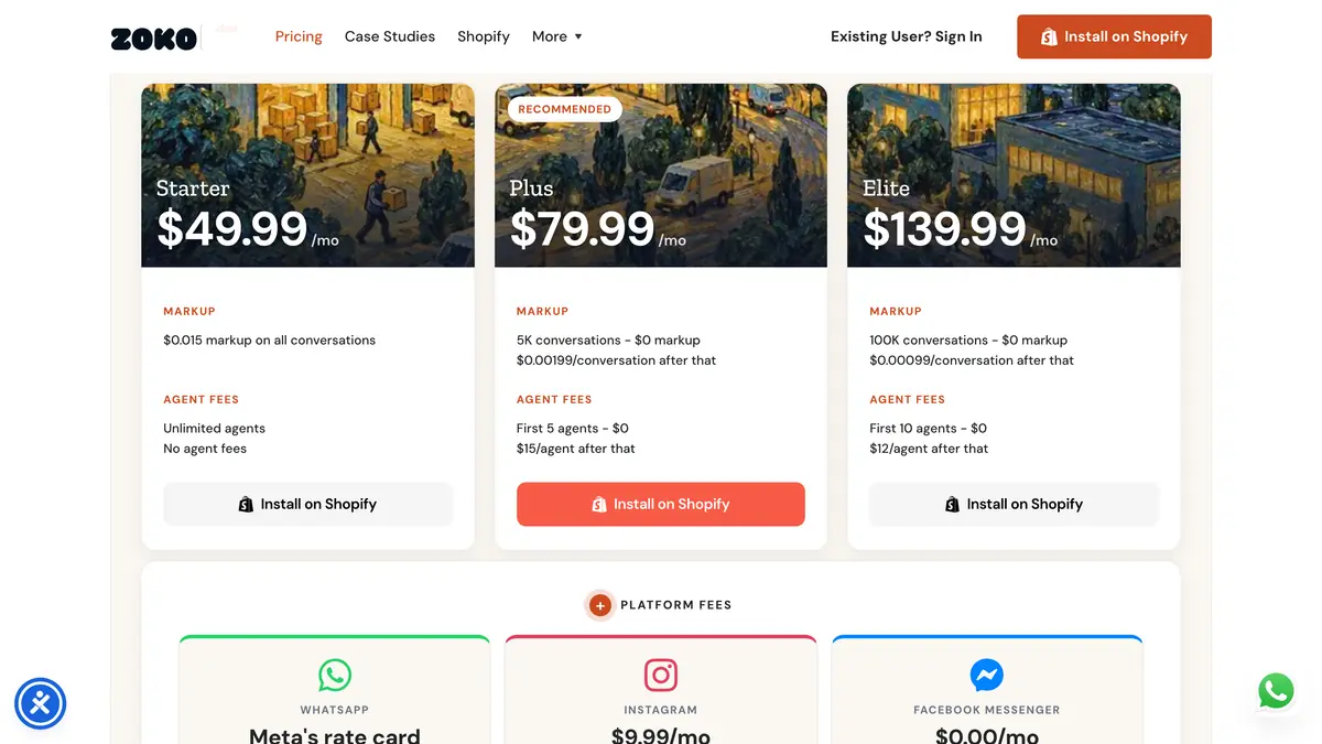 Zoko's pricing page: the Starter, Plus and Elite plans at $49.99, $79.99 and $139.99 a month, with the conversation and agent fees of each