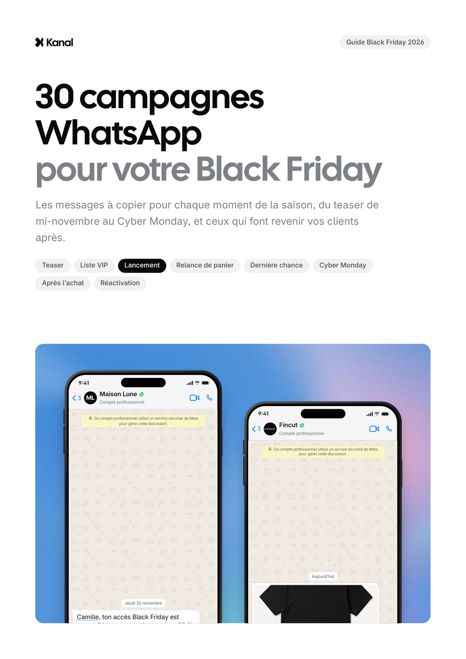 Cover of Kanal's guide 30 campagnes WhatsApp pour votre Black Friday, in French